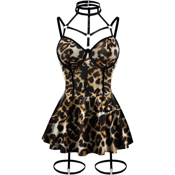 Women Leopard Strappy Leather Underwire Choker Garter Belt Lingerie Set Dress - Picture 6 of 6